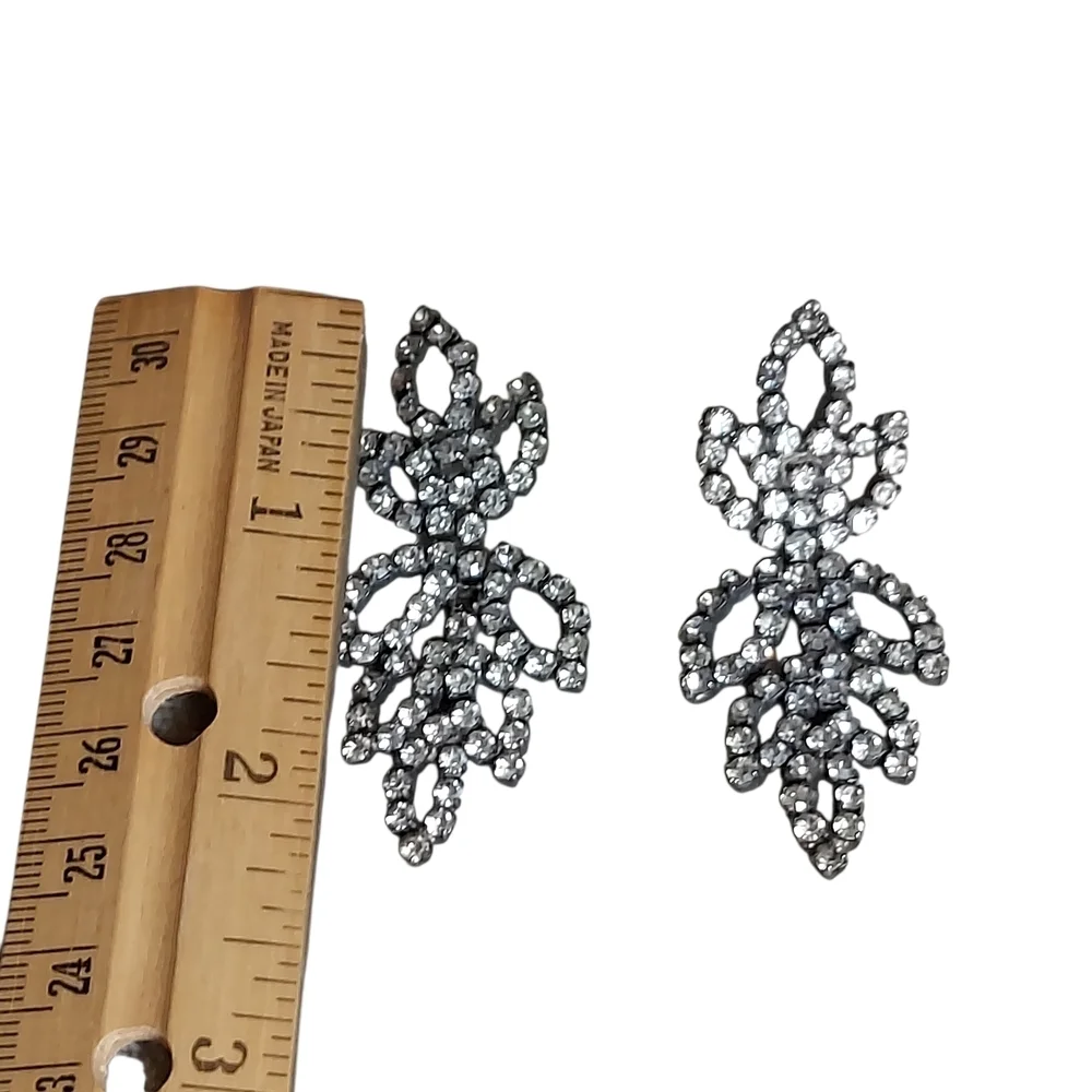 Vintage Rhinestone Crystal Leaf Earrings Pierced Evening Formal